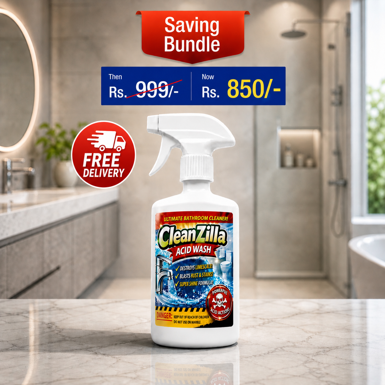 CleanZilla Acid Wash – Ultimate Bathroom Cleaner | Removes Limescale, Rust & Tough Stains | 500ml