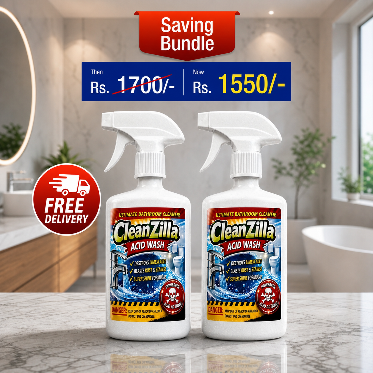 CleanZilla Acid Wash – Ultimate Bathroom Cleaner | Removes Limescale, Rust & Tough Stains |  1000ml